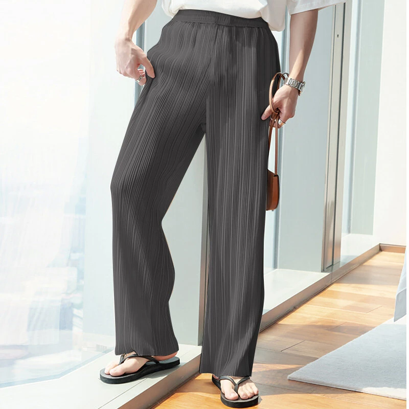 (image for) INCERUN Men Pants Comfy Loose Fit Straight Leg Designer Textured Casual Mopped Trousers Daily Black Pants Casual Gray Pants Fashion White Pants