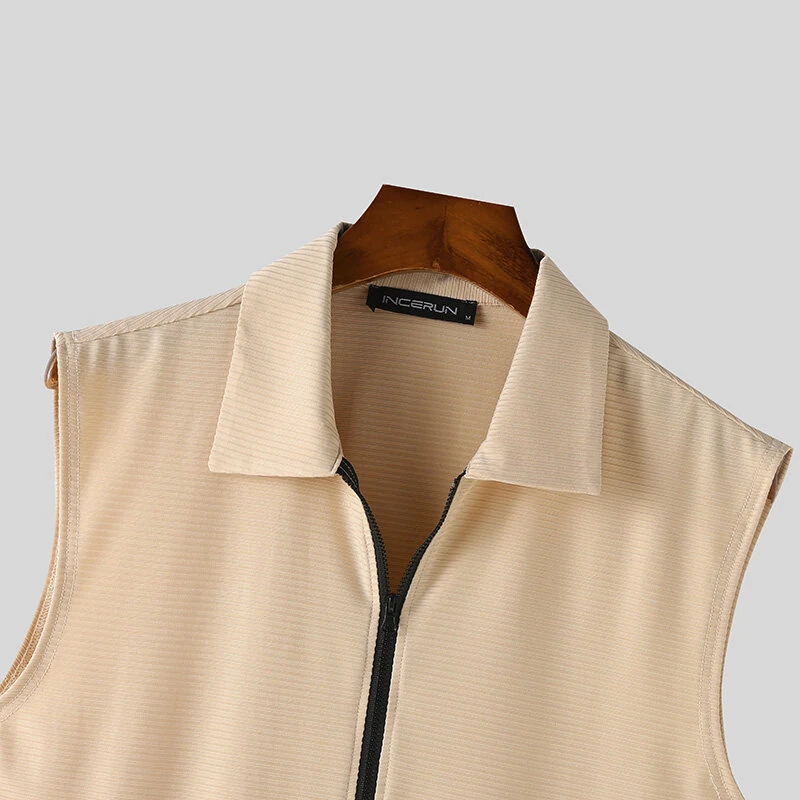 (image for) INCERUN Men Tshirts Male Comfy Lapel Sleeveless Zipper Blouse Streetwear Casual Solid Color T-Shirts Leisure Summer Round Neck Tee Tops
