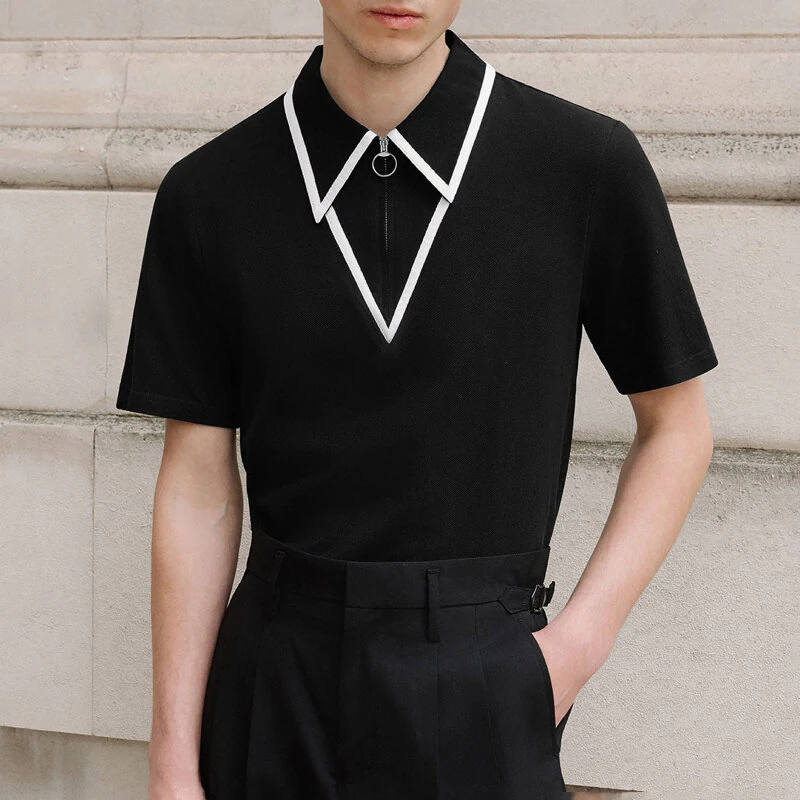 (image for) INCERUN Mens Fashion Design Spliced Collar Shirt Comfortable Fabric Short Sleeve Zipper Lapel Top for Male S-5XL