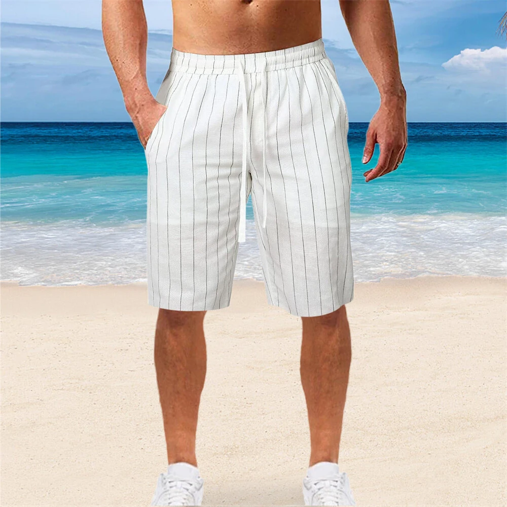 (image for) Men's Quick Dry Cotton Linen Shorts Summer Breathable Stripe Casual Gym Running Cargo Pocket Beach Five-point Pants Lightweight Comfortable